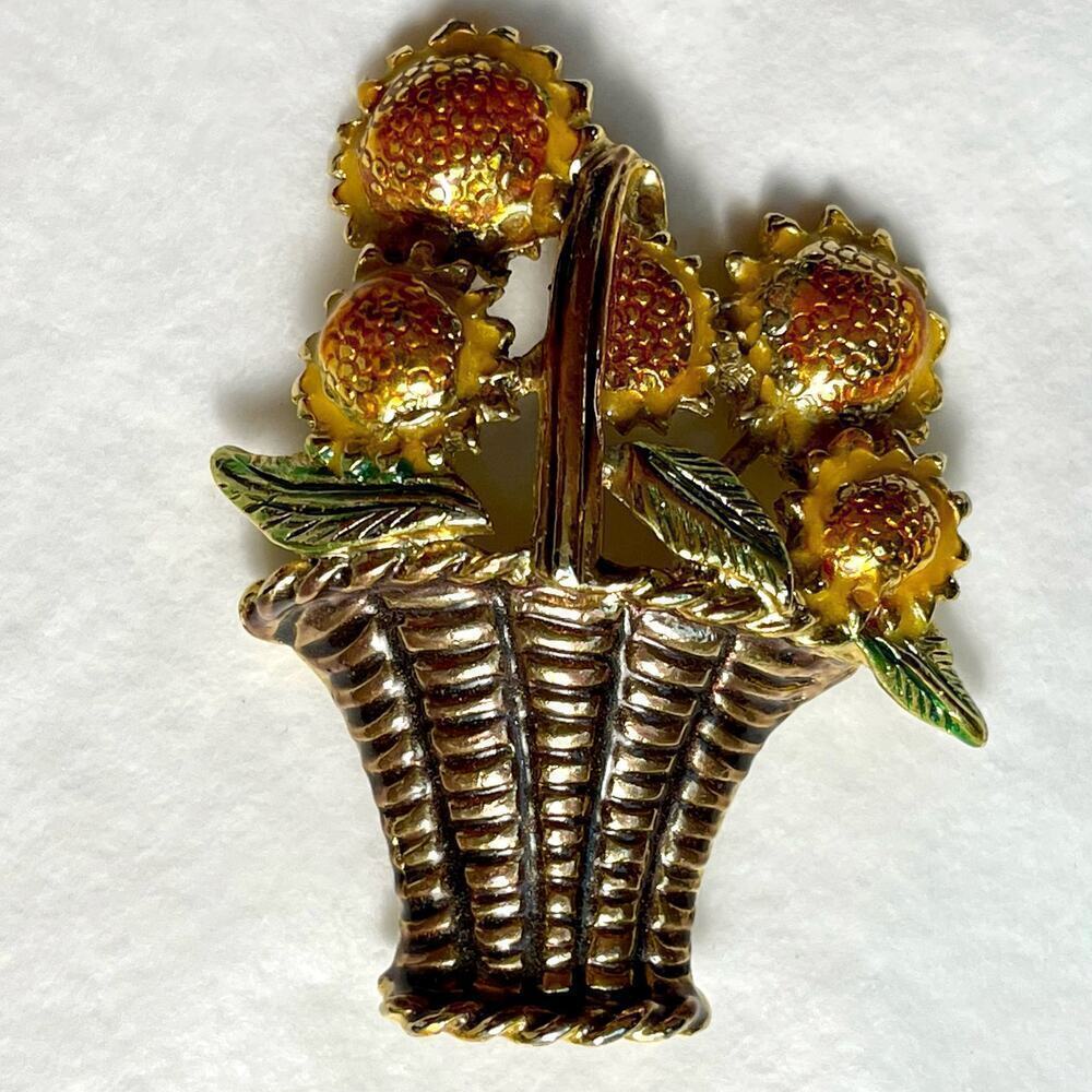 Vintage Sunflower Basket Gold Tone Enamel Brooch Pin